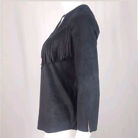 NWT Express Women Sz Small Black Faux Suede Fringe 3/4 Sleeve Top Boho Festival - Picture 4 of 5